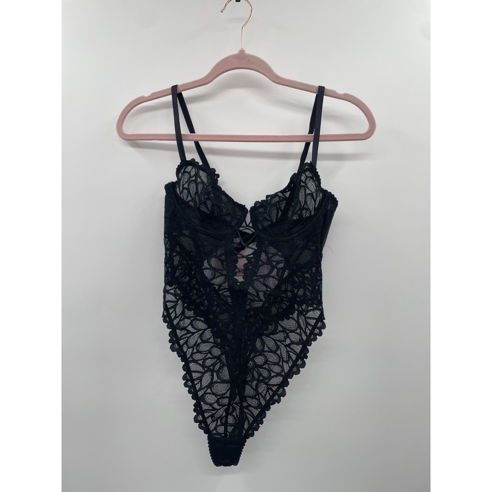 NWT‎ Savage X Fenty Not Sorry Underwired Lace Teddy Women's 4-6 Black Hook & Eye